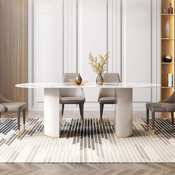 Costanza Sintered Stone Dining Table White Oval Modern Dining Table with MDF Base Contemporary 6 Seater Dining Table for Kitchen & Dining Room - Sleek Furniture