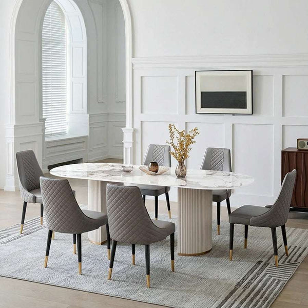 Costanza Sintered Stone Dining Table White Oval Modern Dining Table with MDF Base Contemporary 6 Seater Dining Table for Kitchen & Dining Room - Sleek Furniture