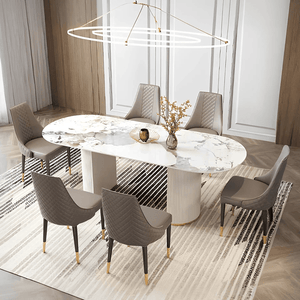 Costanza Sintered Stone Dining Table White Oval Modern Dining Table with MDF Base Contemporary 6 Seater Dining Table for Kitchen & Dining Room - Sleek Furniture