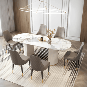 Costanza Sintered Stone Dining Table White Oval Modern Dining Table with MDF Base Contemporary 6 Seater Dining Table for Kitchen & Dining Room - Sleek Furniture
