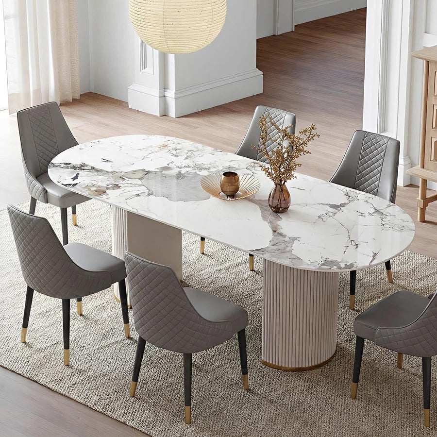 Costanza Sintered Stone Dining Table White Oval Modern Dining Table with MDF Base Contemporary 6 Seater Dining Table for Kitchen & Dining Room - Sleek Furniture