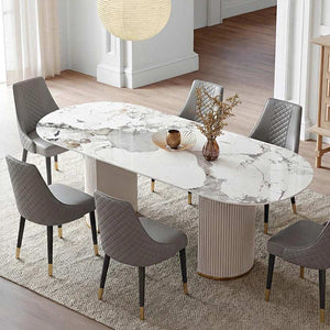 Costanza Sintered Stone Dining Table White Oval Modern Dining Table with MDF Base Contemporary 6 Seater Dining Table for Kitchen & Dining Room - Sleek Furniture