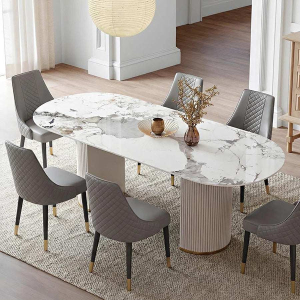 Costanza Sintered Stone Dining Table White Oval Modern Dining Table with MDF Base Contemporary 6 Seater Dining Table for Kitchen & Dining Room - Sleek Furniture