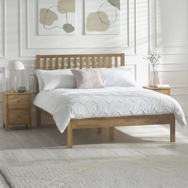 Coxmoor Solid Oak 150cm Bed Frame with Panelled Headboard – Natural Oak Finish - Sleek Furniture