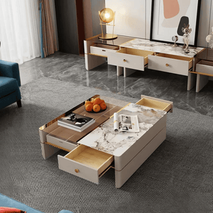 Coz Regid Square Coffee Table with TV Stand Set, Modern Sintered Stone Top Living Room Furniture, Painted Steel Frame Storage Table Unit - Sleek Furniture
