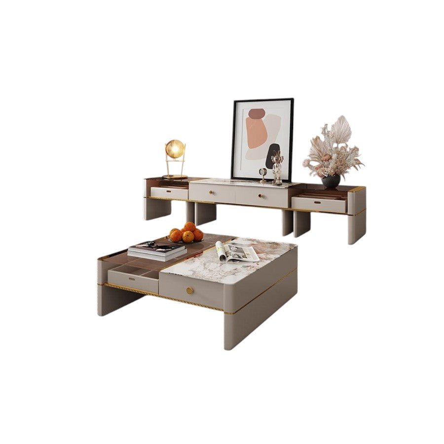 Coz Regid Square Coffee Table with TV Stand Set, Modern Sintered Stone Top Living Room Furniture, Painted Steel Frame Storage Table Unit - Sleek Furniture