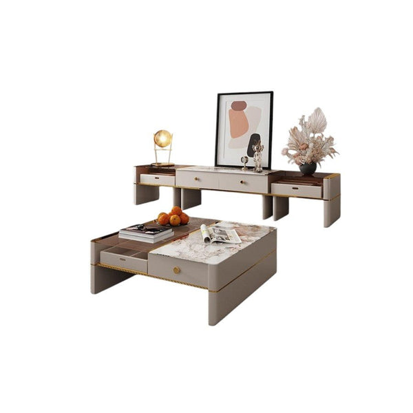 Coz Regid Square Coffee Table with TV Stand Set, Modern Sintered Stone Top Living Room Furniture, Painted Steel Frame Storage Table Unit - Sleek Furniture
