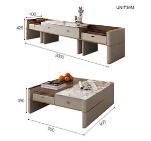 Coz Regid Square Coffee Table with TV Stand Set, Modern Sintered Stone Top Living Room Furniture, Painted Steel Frame Storage Table Unit - Sleek Furniture