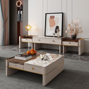 Coz Regid Square Coffee Table with TV Stand Set, Modern Sintered Stone Top Living Room Furniture, Painted Steel Frame Storage Table Unit - Sleek Furniture