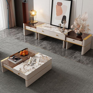 Coz Regid Square Coffee Table with TV Stand Set, Modern Sintered Stone Top Living Room Furniture, Painted Steel Frame Storage Table Unit - Sleek Furniture