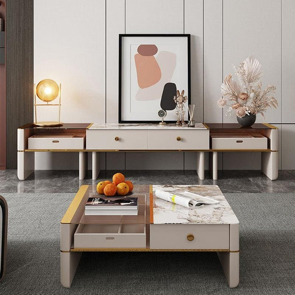 Coz Regid Square Coffee Table with TV Stand Set, Modern Sintered Stone Top Living Room Furniture, Painted Steel Frame Storage Table Unit - Sleek Furniture