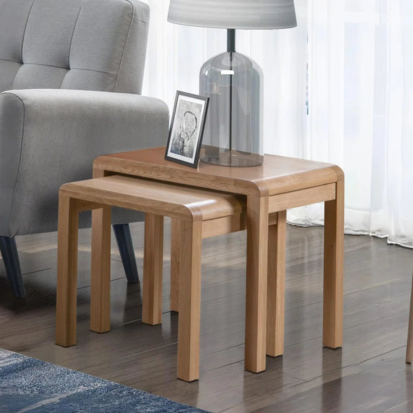 Curve Solid Oak Nest of 2 Tables – Modern Space-Saving Living Room Side Table Set - Sleek Furniture