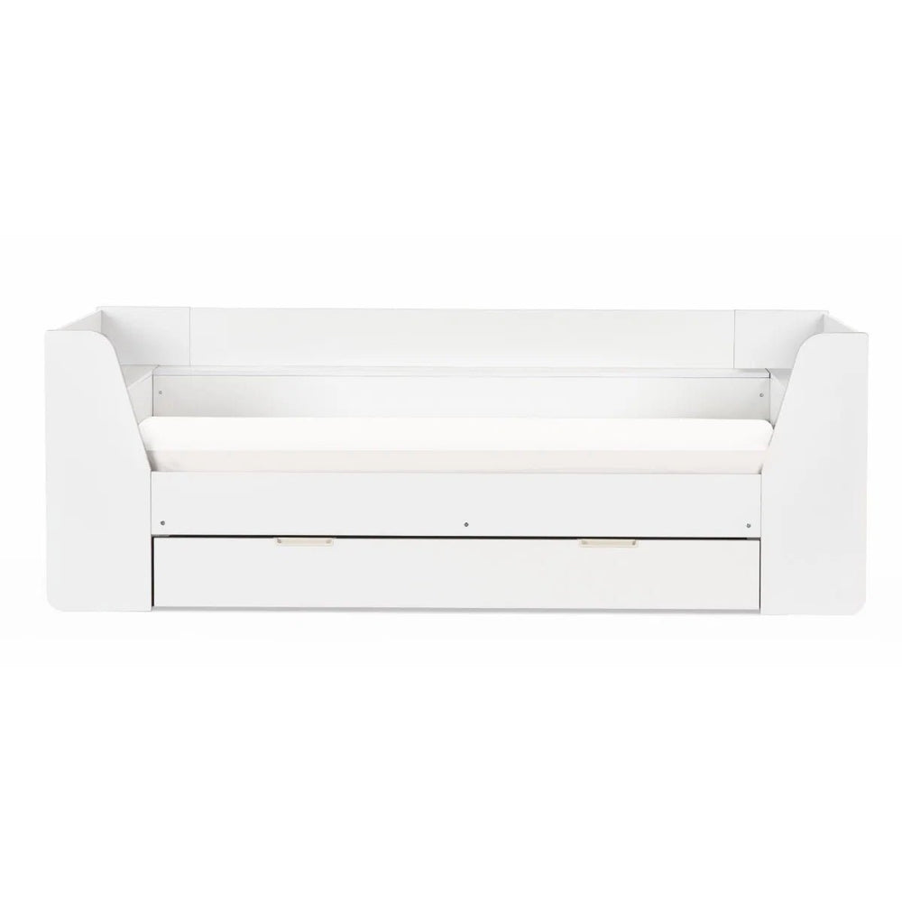 Cyclone Wooden Daybed with Pull-Out Storage Drawer & Overhead Shelving – White - Sleek Furniture