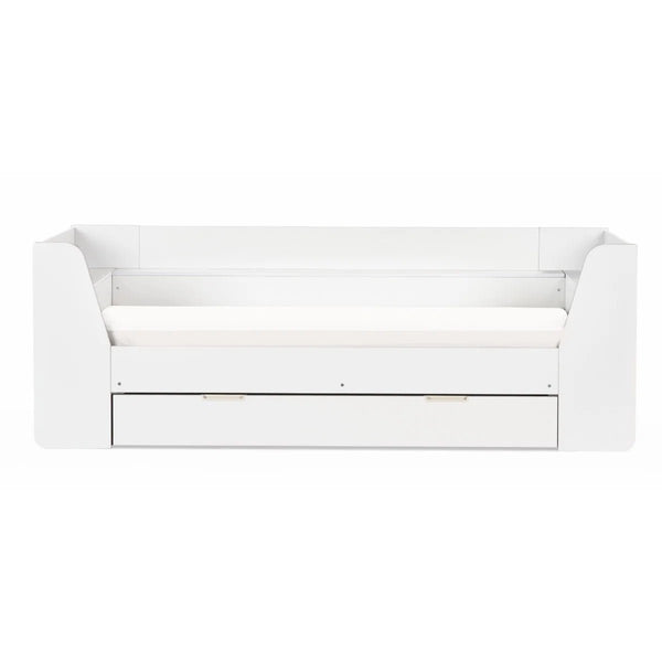 Cyclone Wooden Daybed with Pull-Out Storage Drawer & Overhead Shelving – White - Sleek Furniture