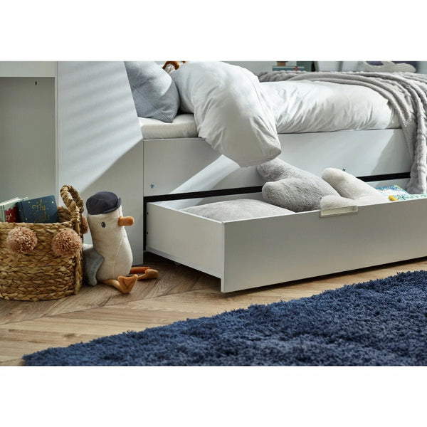 Cyclone Wooden Daybed with Pull-Out Storage Drawer & Overhead Shelving – White - Sleek Furniture