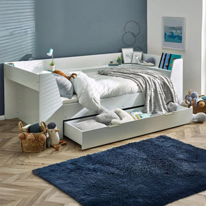 Cyclone Wooden Daybed with Pull-Out Storage Drawer & Overhead Shelving – White - Sleek Furniture