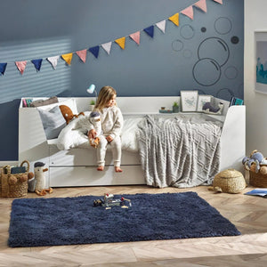 Cyclone Wooden Daybed with Pull-Out Storage Drawer & Overhead Shelving – White - Sleek Furniture