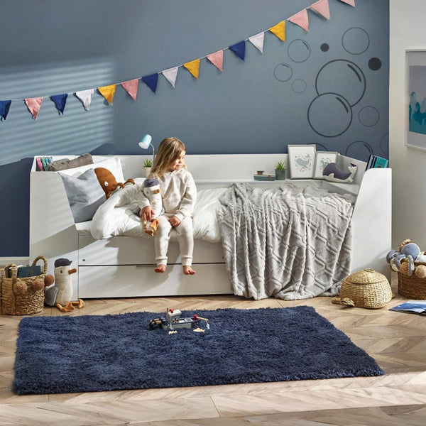 Cyclone Wooden Daybed with Pull-Out Storage Drawer & Overhead Shelving – White - Sleek Furniture