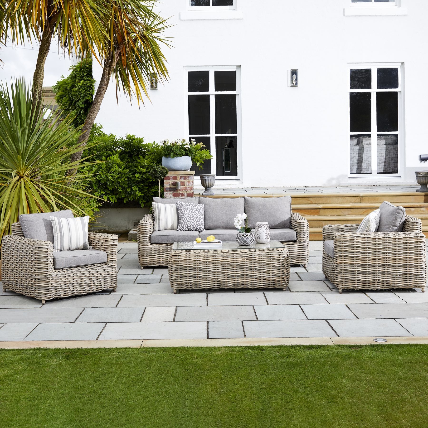 Amalfi Collection Outdoor Five Seater Set HDPE Wicker & Aluminum Frame Acacia Coffee Table Quick Dry Olefin Cushions