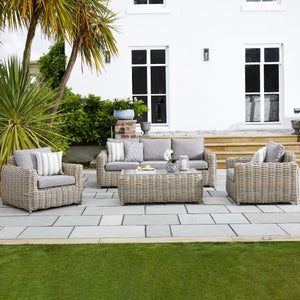 Amalfi Collection Outdoor Five Seater Set HDPE Wicker & Aluminum Frame with Acacia Coffee Table and Quick-Dry Olefin Cushions - My Store