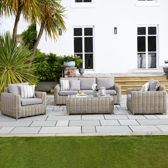 Amalfi Collection Outdoor Five Seater Set HDPE Wicker & Aluminum Frame with Acacia Coffee Table and Quick-Dry Olefin Cushions