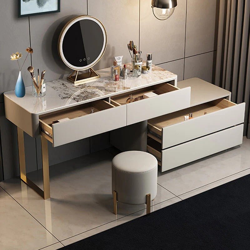 Davidson Extendable Corner Dressing Table with LED Mirror, Modern Space - Saving Vanity Unit with Drawers, Creamy Grey Finish Bedroom Makeup Table - Sleek Furniture