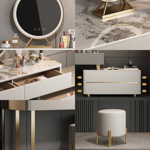 Davidson Extendable Corner Dressing Table with LED Mirror, Modern Space - Saving Vanity Unit with Drawers, Creamy Grey Finish Bedroom Makeup Table - Sleek Furniture