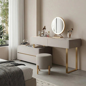 Davidson Extendable Corner Dressing Table with LED Mirror, Modern Space - Saving Vanity Unit with Drawers, Creamy Grey Finish Bedroom Makeup Table - Sleek Furniture
