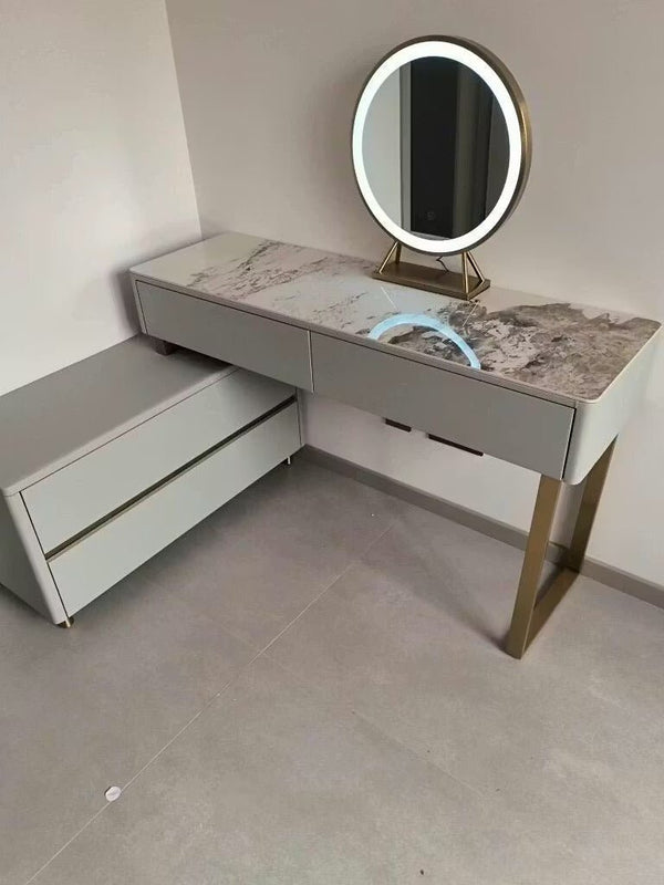Davidson Extendable Corner Dressing Table with LED Mirror, Modern Space - Saving Vanity Unit with Drawers, Creamy Grey Finish Bedroom Makeup Table - Sleek Furniture