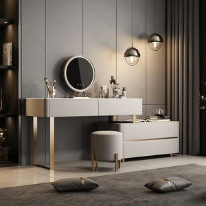 Davidson Extendable Corner Dressing Table with LED Mirror, Modern Space - Saving Vanity Unit with Drawers, Creamy Grey Finish Bedroom Makeup Table - Sleek Furniture