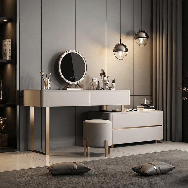 Davidson Extendable Corner Dressing Table with LED Mirror, Modern Space - Saving Vanity Unit with Drawers, Creamy Grey Finish Bedroom Makeup Table - Sleek Furniture