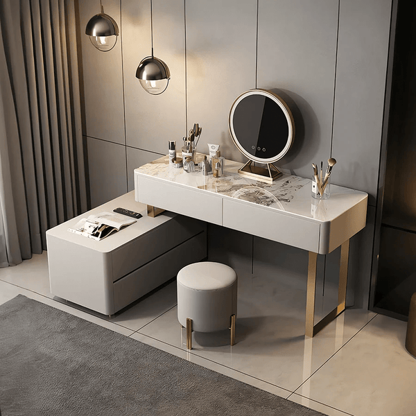 Davidson Extendable Corner Dressing Table with LED Mirror, Modern Space - Saving Vanity Unit with Drawers, Creamy Grey Finish Bedroom Makeup Table - Sleek Furniture
