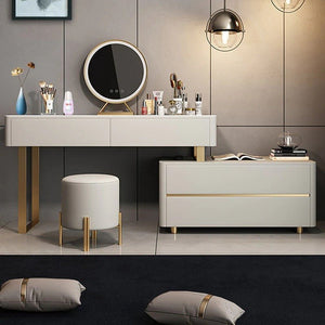 Davidson Extendable Corner Dressing Table with LED Mirror, Modern Space - Saving Vanity Unit with Drawers, Creamy Grey Finish Bedroom Makeup Table - Sleek Furniture