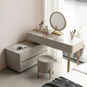 Davidson Extendable Corner Dressing Table with LED Mirror, Modern Space - Saving Vanity Unit with Drawers, Creamy Grey Finish Bedroom Makeup Table - Sleek Furniture