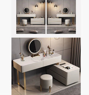 Davidson Extendable Corner Dressing Table with LED Mirror, Modern Space - Saving Vanity Unit with Drawers, Creamy Grey Finish Bedroom Makeup Table - Sleek Furniture