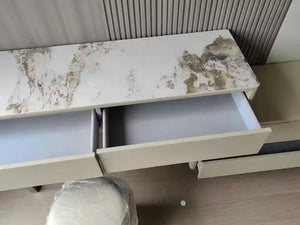 Davidson Extendable Corner Dressing Table with LED Mirror, Modern Space - Saving Vanity Unit with Drawers, Creamy Grey Finish Bedroom Makeup Table - Sleek Furniture
