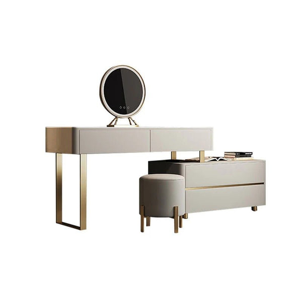 Davidson Extendable Corner Dressing Table with LED Mirror, Modern Space - Saving Vanity Unit with Drawers, Creamy Grey Finish Bedroom Makeup Table - Sleek Furniture