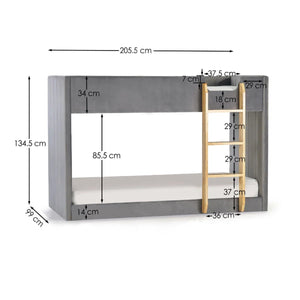 Daytona Grey Velvet Upholstered Kids Bunk Bed with Panelled Design & Wooden Ladder - Sleek Furniture