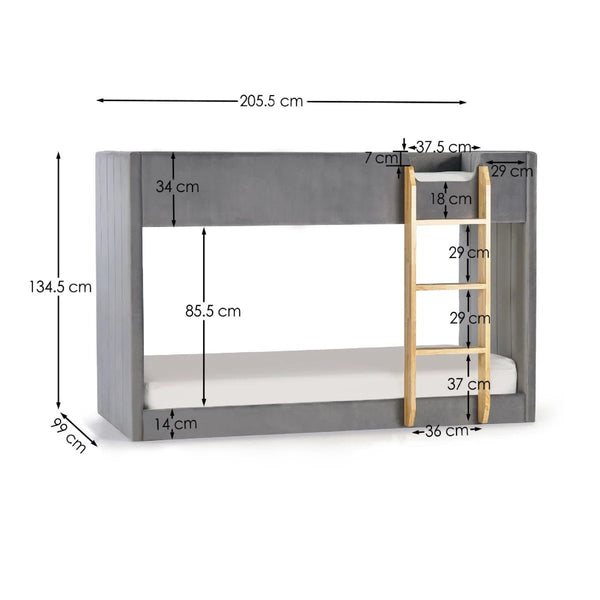 Daytona Grey Velvet Upholstered Kids Bunk Bed with Panelled Design & Wooden Ladder - Sleek Furniture
