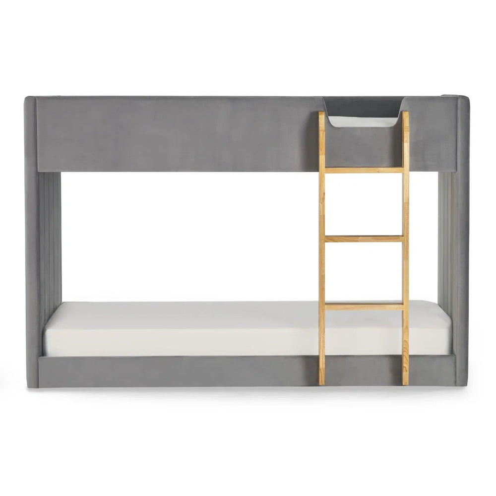 Daytona Grey Velvet Upholstered Kids Bunk Bed with Panelled Design & Wooden Ladder - Sleek Furniture