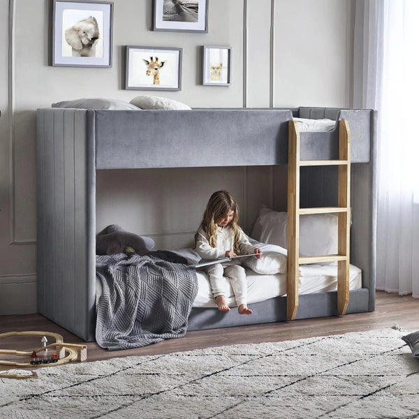 Daytona Grey Velvet Upholstered Kids Bunk Bed with Panelled Design & Wooden Ladder - Sleek Furniture