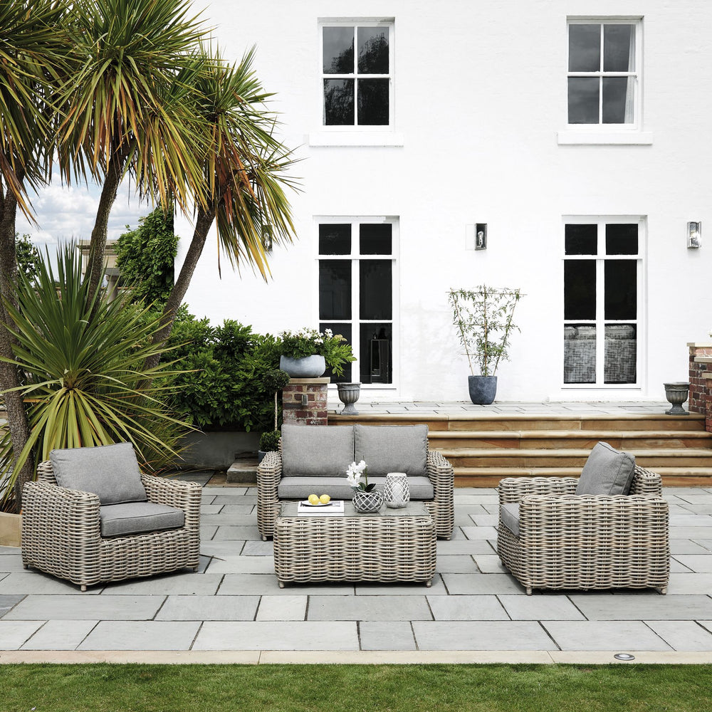 Amalfi Collection Outdoor Four Seater Set – HDPE Wicker & Acacia Wood, Powder-Coated Aluminium Frame, Shower-Resistant Cushions - My Store
