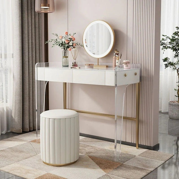 Deborah Cream Dressing Table with 2 Drawers, Sintered Stone Top & Stainless Steel Frame Modern Vanity Table - Sleek Furniture