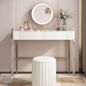 Deborah Cream Dressing Table with 2 Drawers, Sintered Stone Top & Stainless Steel Frame Modern Vanity Table - Sleek Furniture