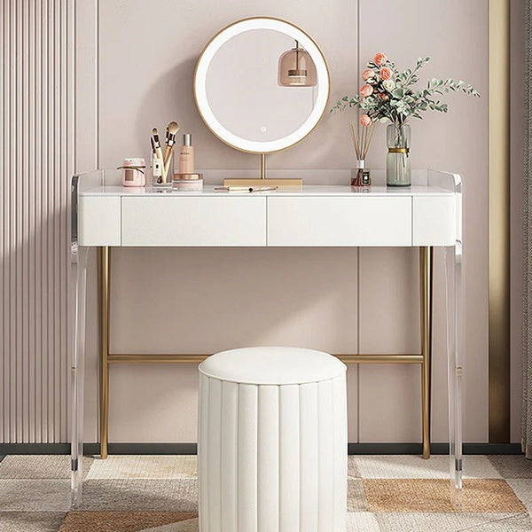 Deborah Cream Dressing Table with 2 Drawers, Sintered Stone Top & Stainless Steel Frame Modern Vanity Table - Sleek Furniture