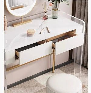 Deborah Cream Dressing Table with 2 Drawers, Sintered Stone Top & Stainless Steel Frame Modern Vanity Table - Sleek Furniture