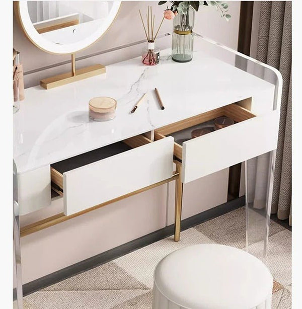 Deborah Cream Dressing Table with 2 Drawers, Sintered Stone Top & Stainless Steel Frame Modern Vanity Table - Sleek Furniture