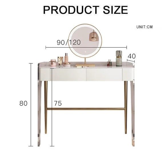 Deborah Cream Dressing Table with 2 Drawers, Sintered Stone Top & Stainless Steel Frame Modern Vanity Table - Sleek Furniture