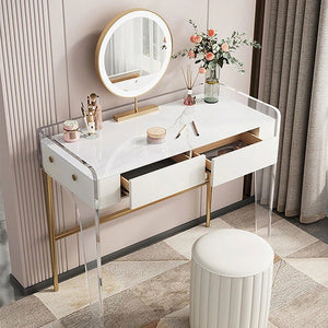 Deborah Cream Dressing Table with 2 Drawers, Sintered Stone Top & Stainless Steel Frame Modern Vanity Table - Sleek Furniture