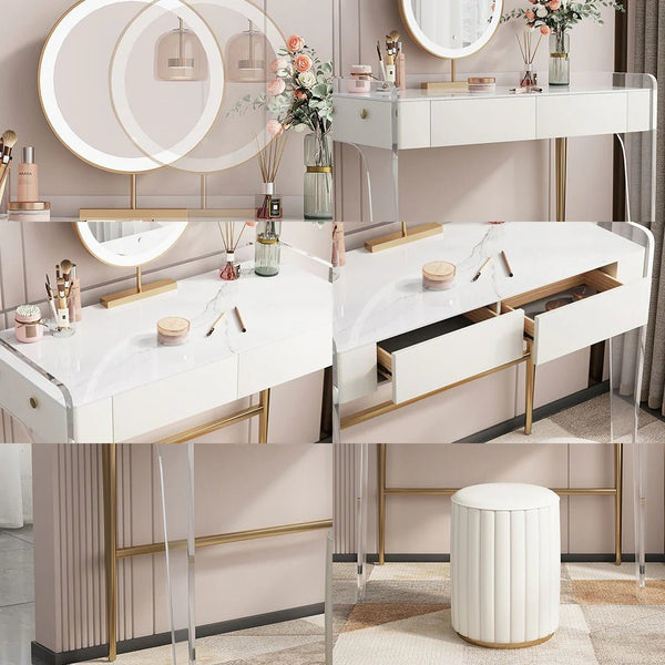 Deborah Cream Dressing Table with 2 Drawers, Sintered Stone Top & Stainless Steel Frame Modern Vanity Table - Sleek Furniture